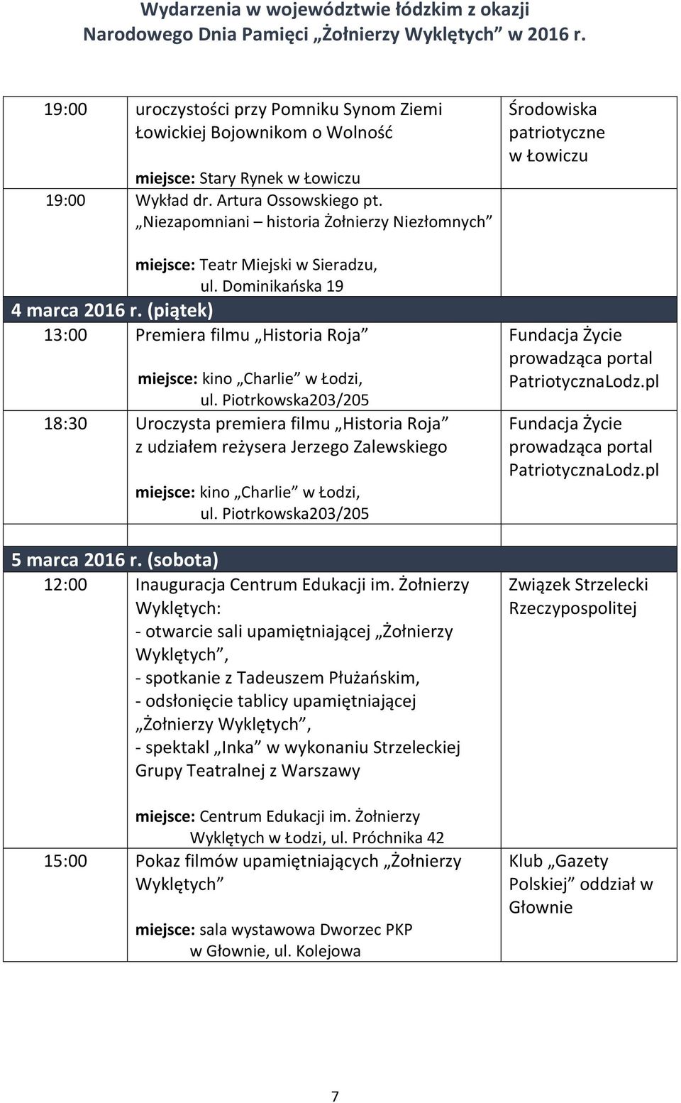 Piotrkowska203/205 18:30 Uroczysta premiera filmu Historia Roja z udziałem reżysera Jerzego Zalewskiego miejsce: kino Charlie w Łodzi, ul. Piotrkowska203/205 5 marca 2016 r.