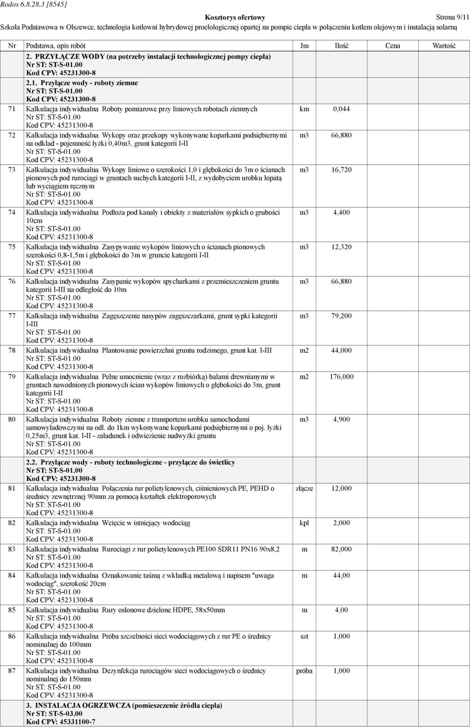 Przyłącze wody - roboty ziemne 71 Kalkulacja indywidualna Roboty pomiarowe przy liniowych robotach ziemnych 72 Kalkulacja indywidualna Wykopy oraz przekopy wykonywane koparkami podsiębiernymi na