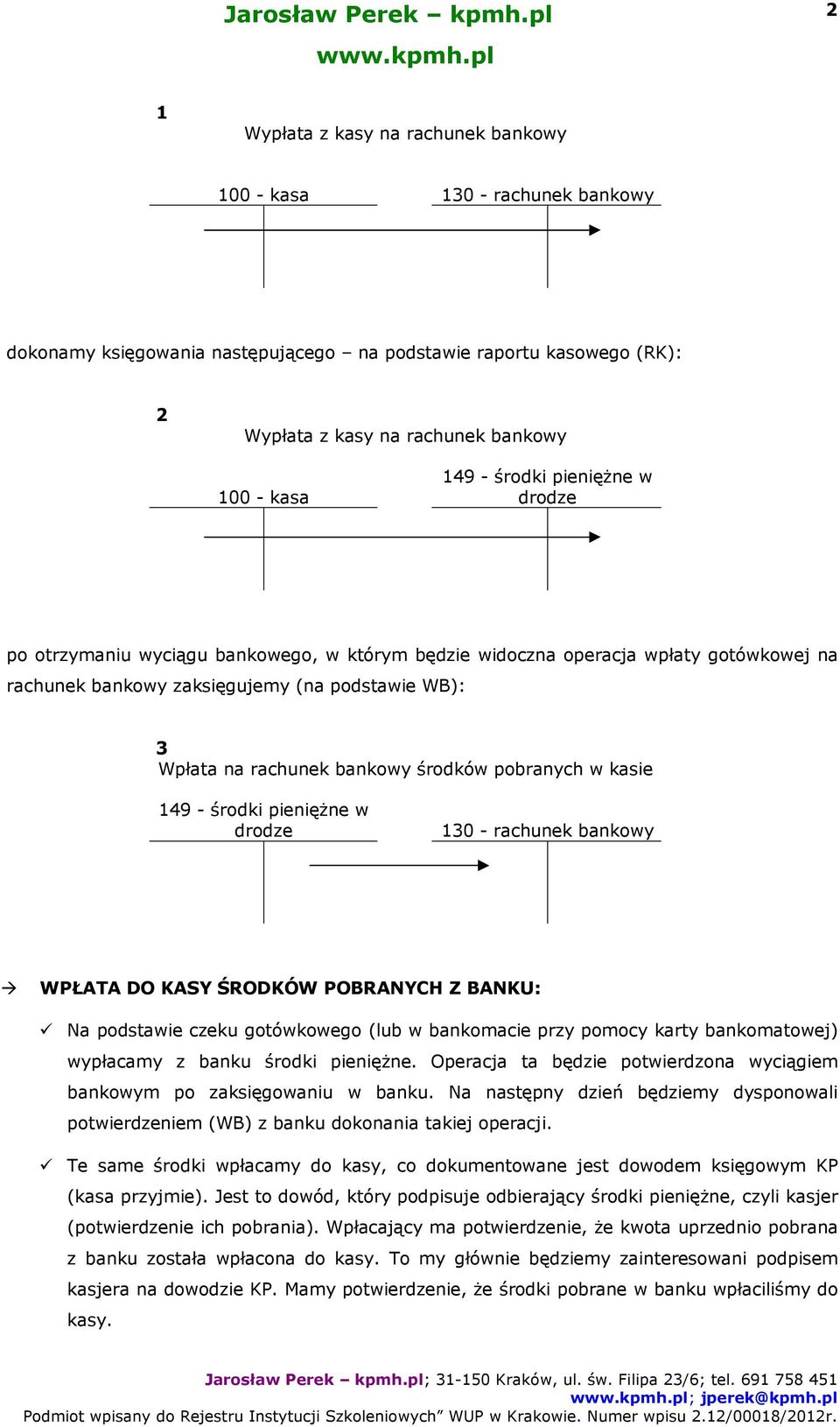 149 - środki pieniężne w drodze 130 - rachunek bankowy WPŁATA DO KASY ŚRODKÓW POBRANYCH Z BANKU: Na podstawie czeku gotówkowego (lub w bankomacie przy pomocy karty bankomatowej) wypłacamy z banku