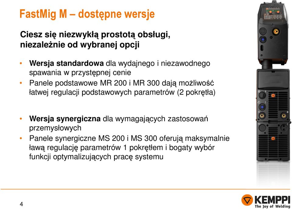 podstawowych parametrów (2 pokrętła) Wersja synergiczna dla wymagających zastosowań przemysłowych Panele synergiczne MS