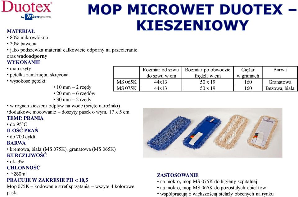 3% CHŁONNOŚĆ ~280ml Mop 075K kodowanie stref sprzątania wszyte 4 kolorowe paski Rozmiar od szwu Rozmiar po obwodzie Ciężar Barwa do szwu w cm frędzli w cm w gramach MS 065K 44x13 50 x 19