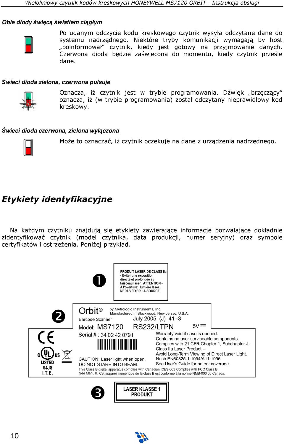 Świeci dioda zielona, czerwona pulsuje Oznacza, iŝ czytnik jest w trybie programowania. Dźwięk brzęczący oznacza, iŝ (w trybie programowania) został odczytany nieprawidłowy kod kreskowy.