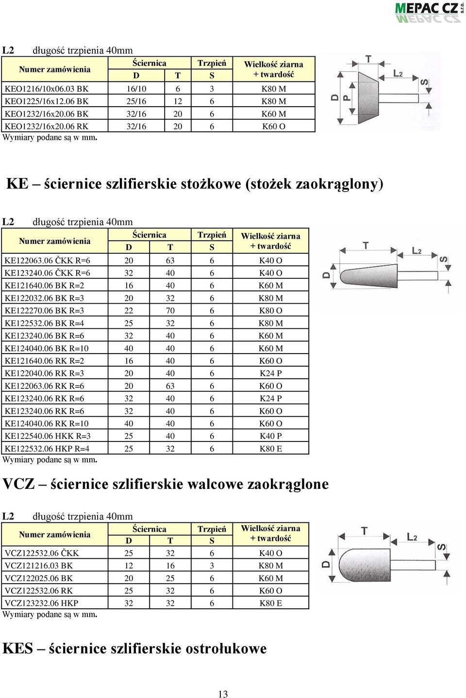 06 RK 32/16 20 6 K60 O KE ściernice szlifierskie stożkowe (stożek zaokrąglony) L2 długość trzpienia 40mm Numer zamówienia Ściernica Trzpień Wielkość ziarna + twardość D T S KE122063.