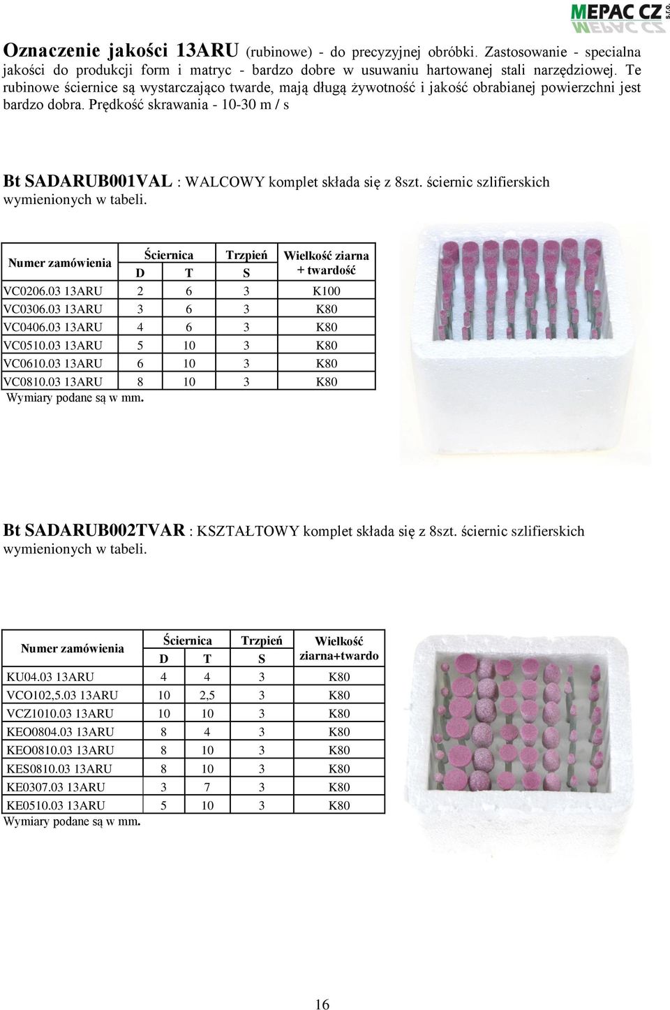 Prędkość skrawania - 10-30 m / s Bt SADARUB001VAL : WALCOWY komplet składa się z 8szt. ściernic szlifierskich wymienionych w tabeli.