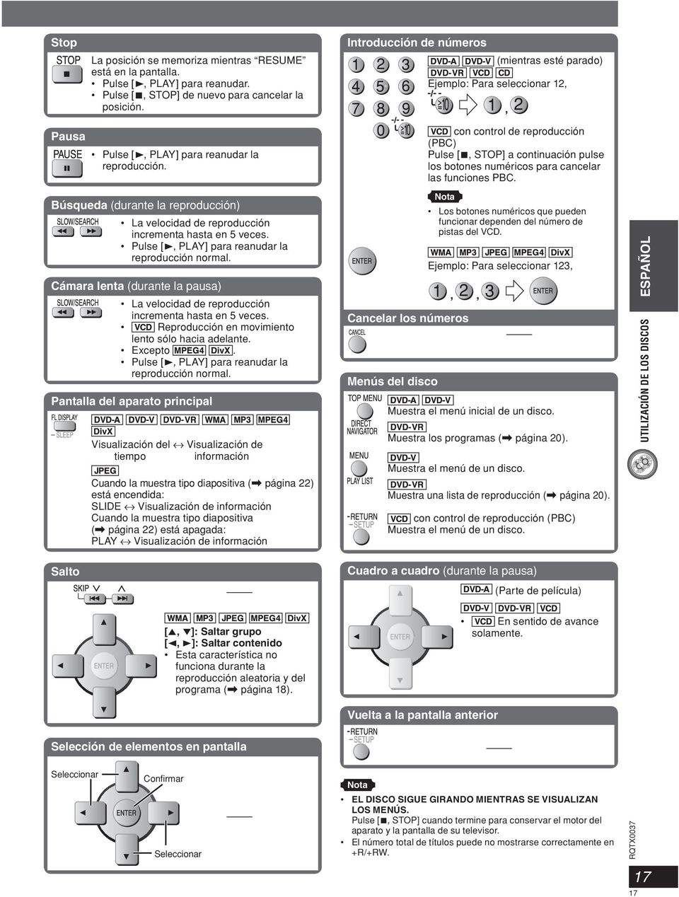 Introducción de números (mientras esté parado) Ejemplo: Para seleccionar 12, con control de reproducción (PBC) Pulse [7, STOP] a continuación pulse los botones numéricos para cancelar las funciones