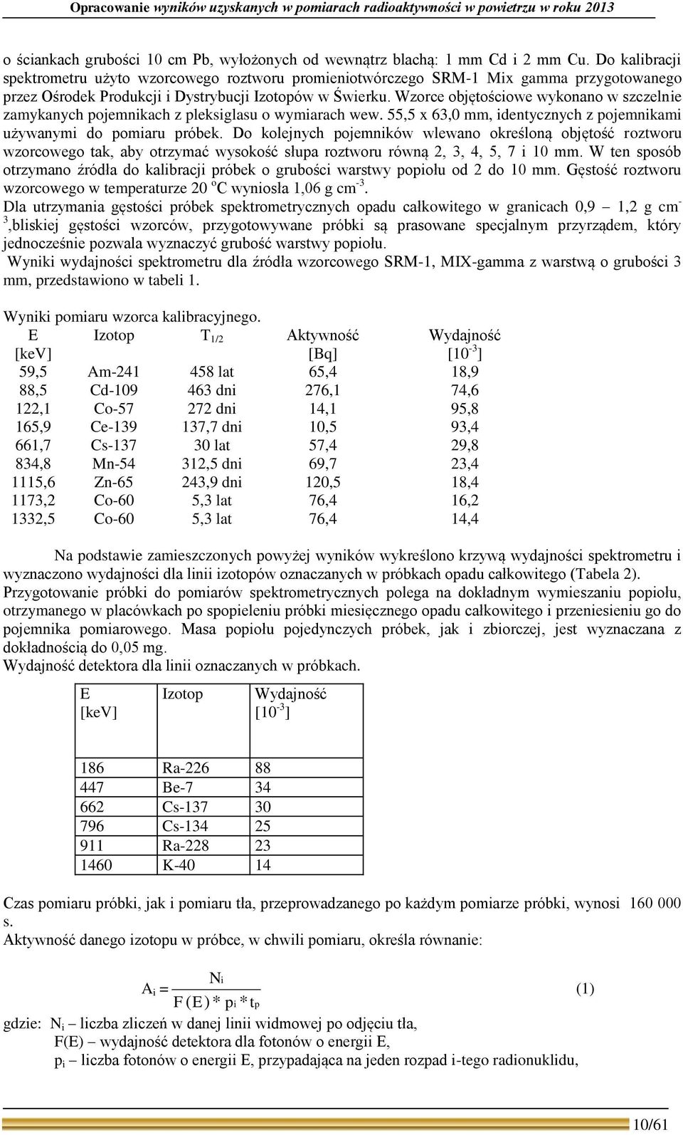 Wzorce objętościowe wykonano w szczelnie zamykanych pojemnikach z pleksiglasu o wymiarach wew. 55,5 x 63, mm, identycznych z pojemnikami używanymi do pomiaru próbek.