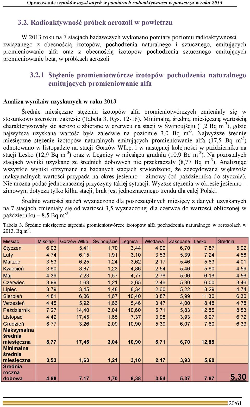 Radioaktywność próbek aerozoli w powietrzu W 213 roku na 7 stacjach badawczych wykonano pomiary poziomu radioaktywności związanego z obecnością izotopów, pochodzenia naturalnego i sztucznego,