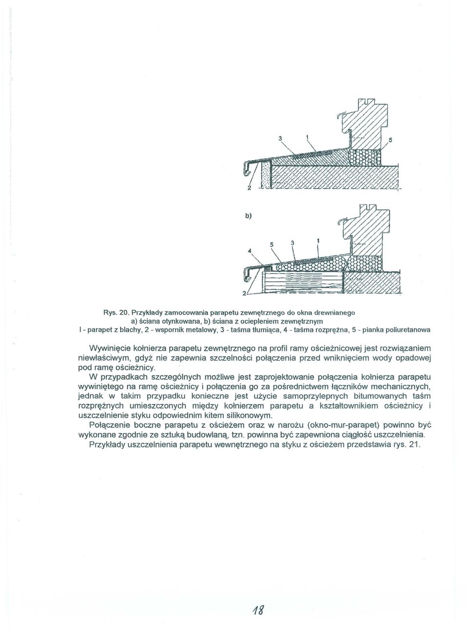 rozprężna, 5 - pianka poliuretanowa Wywinięcie kołnierza parapetu zewnętrznego na profil ramy ościeżnicowej jest rozwiązaniem niewłaściwym, gdyż nie zapewnia szczelności połączenia przed wniknięciem