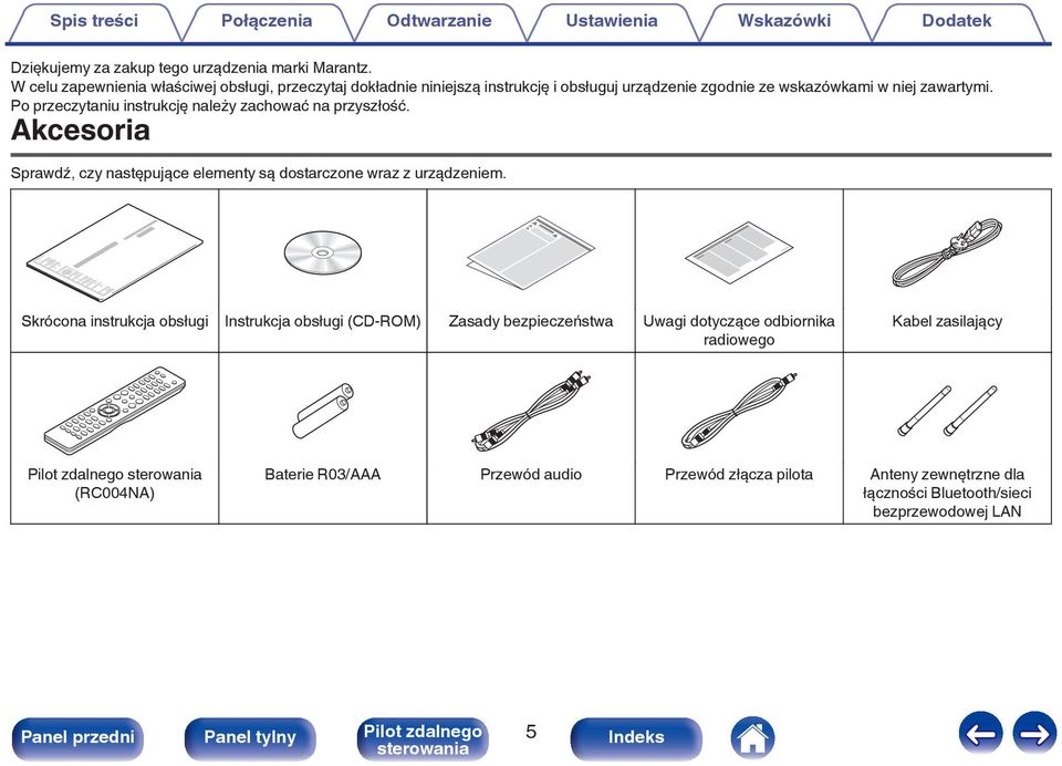 Po przeczytaniu instrukcję należy zachować na przyszłość. Akcesoria Sprawdź, czy następujące elementy są dostarczone wraz z urządzeniem.
