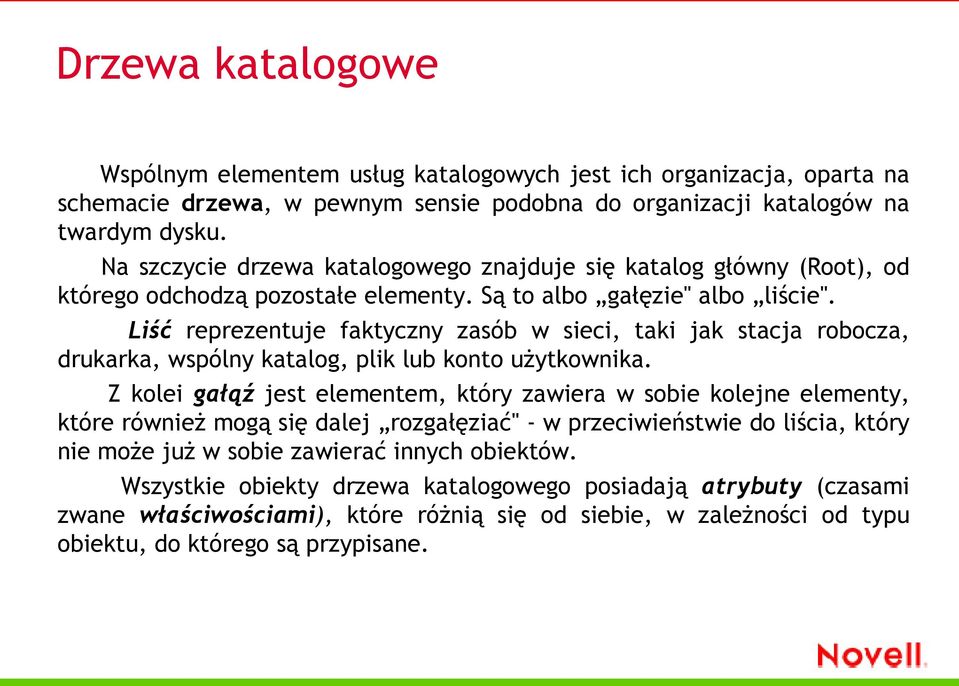 Liść reprezentuje faktyczny zasób w sieci, taki jak stacja robocza, drukarka, wspólny katalog, plik lub konto użytkownika.