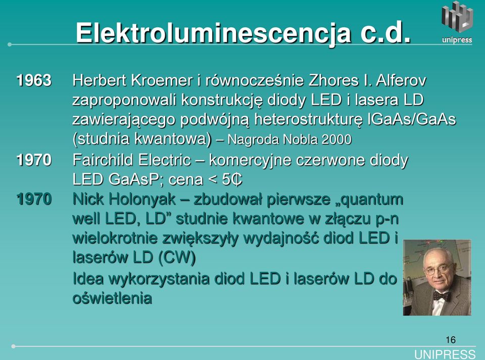 kwantowa) Nagroda Nobla 2000 1970 Fairchild Electric komercyjne czerwone diody LED GaAsP; cena < 5 1970 Nick Holonyak