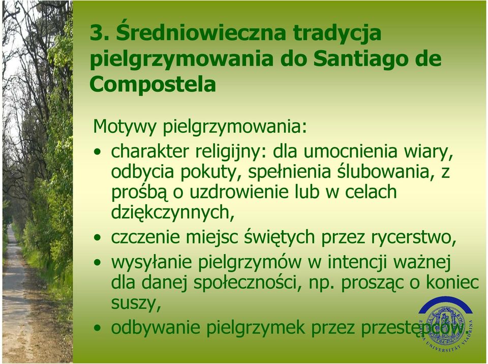 uzdrowienie lub w celach dziękczynnych, czczenie miejsc świętych przez rycerstwo, wysyłanie