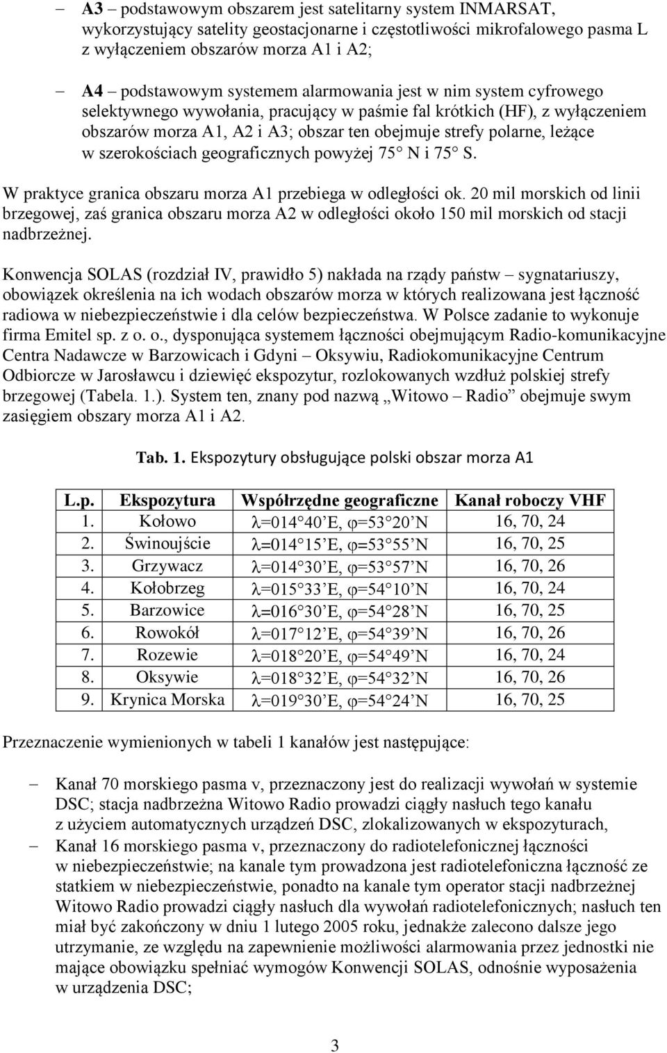 szerokościach geograficznych powyżej 75 N i 75 S. W praktyce granica obszaru morza A1 przebiega w odległości ok.