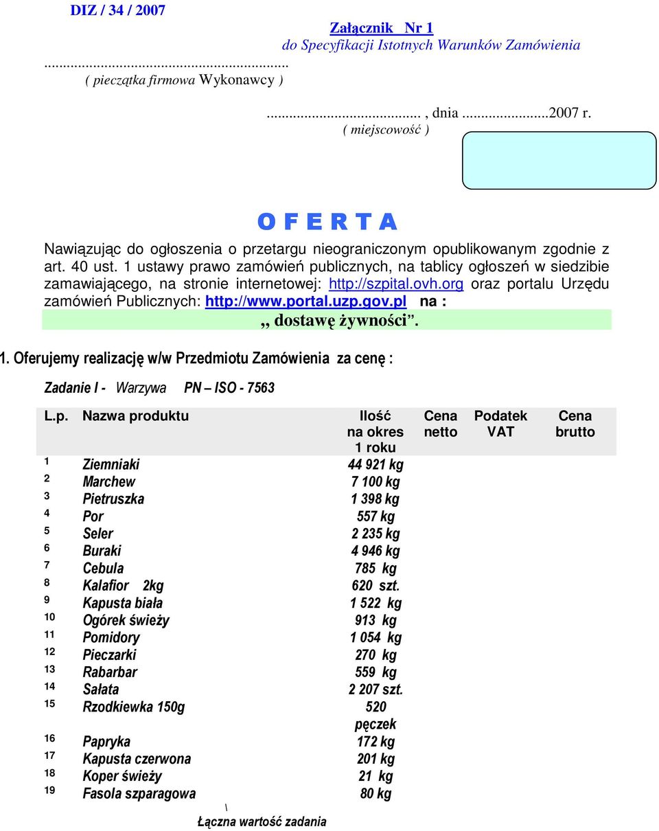 1 ustawy prawo zamówień publicznych, na tablicy ogłoszeń w siedzibie zamawiającego, na stronie internetowej: http://szpital.ovh.org oraz portalu Urzędu zamówień Publicznych: http://www.portal.uzp.gov.