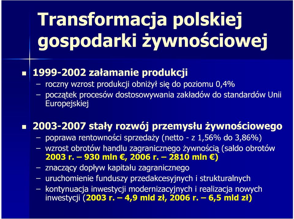 do 3,86%) wzrost obrotów handlu zagranicznego Ŝywnością (saldo obrotów 2003 r. 930 mln, 2006 r.