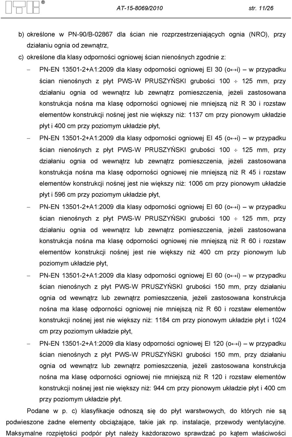 13501-2+A1:2009 dla klasy odporności ogniowej EI 30 (o i) w przypadku ścian nienośnych z płyt PWS-W PRUSZYŃSKI grubości 100 125 mm, przy działaniu ognia od wewnątrz lub zewnątrz pomieszczenia, jeżeli