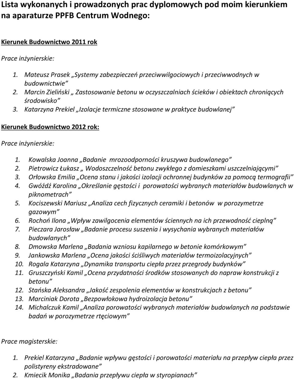 Katarzyna Prekiel Izolacje termiczne stosowane w praktyce budowlanej Kierunek Budownictwo 2012 rok: 1. Kowalska Joanna Badanie mrozoodporności kruszywa budowlanego 2.