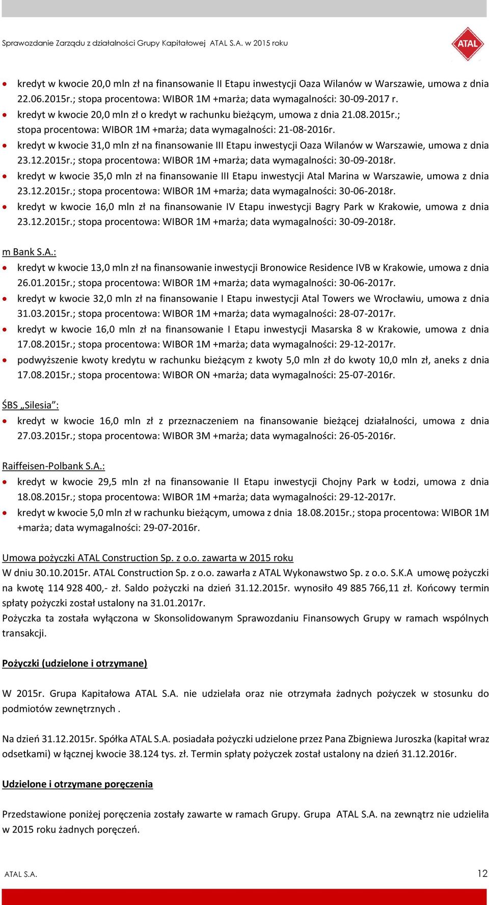 kredyt w kwocie 31,0 mln zł na finansowanie III Etapu inwestycji Oaza Wilanów w Warszawie, umowa z dnia 23.12.2015r.; stopa procentowa: WIBOR 1M +marża; data wymagalności: 30-09-2018r.
