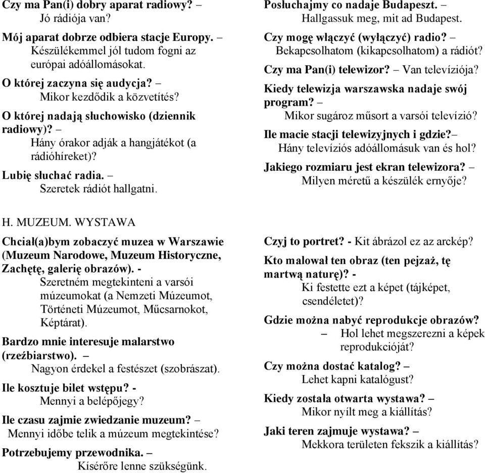 Posłuchajmy co nadaje Budapeszt. Hallgassuk meg, mit ad Budapest. Czy mogę włączyć (wyłączyć) radio? Bekapcsolhatom (kikapcsolhatom) a rádiót? Czy ma Pan(i) telewizor? Van televíziója?