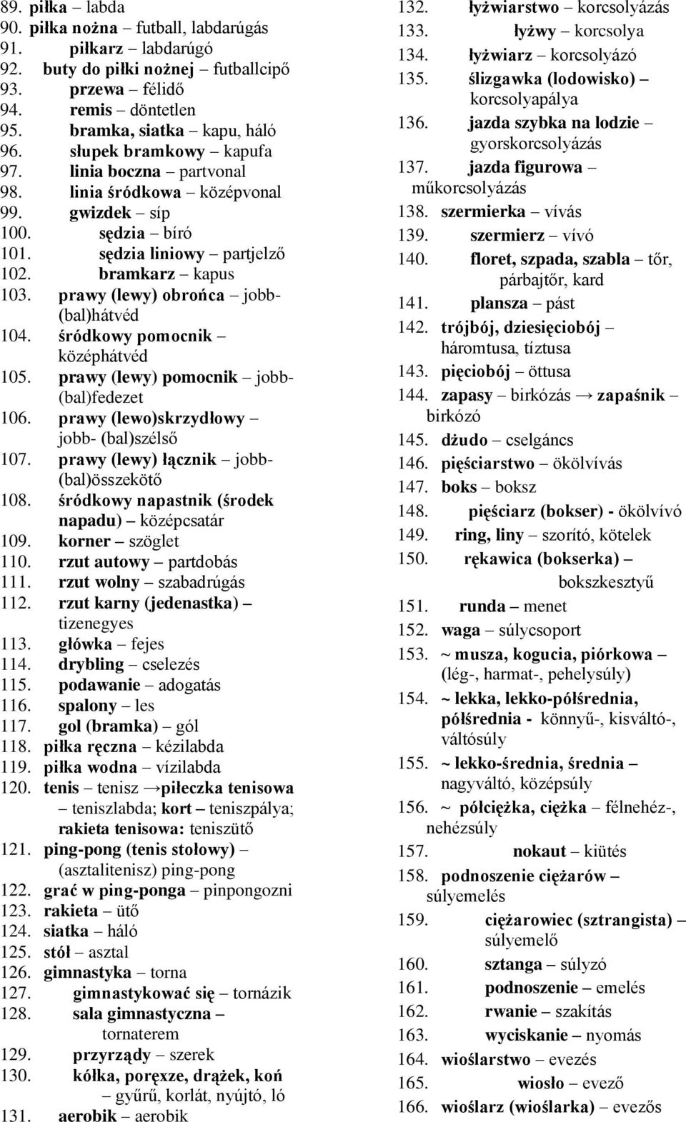 prawy (lewy) obrońca jobb- (bal)hátvéd 104. śródkowy pomocnik középhátvéd 105. prawy (lewy) pomocnik jobb- (bal)fedezet 106. prawy (lewo)skrzydłowy jobb- (bal)szélső 107.