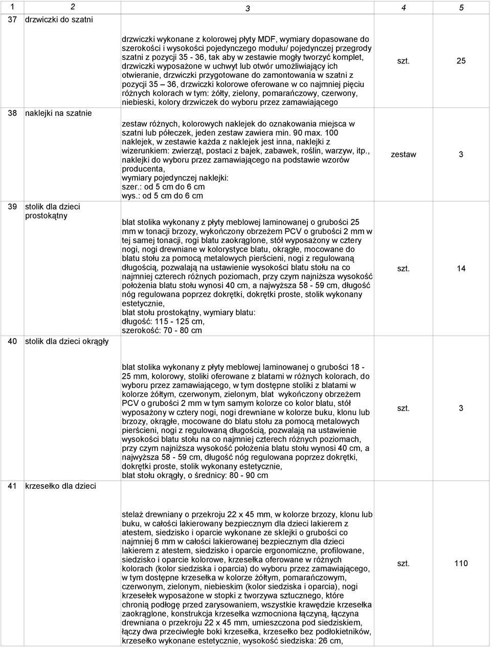 pozycji 35 36, drzwiczki kolorowe oferowane w co najmniej pięciu różnych kolorach w tym: żółty, zielony, pomarańczowy, czerwony, niebieski, kolory drzwiczek do wyboru przez zamawiającego zestaw