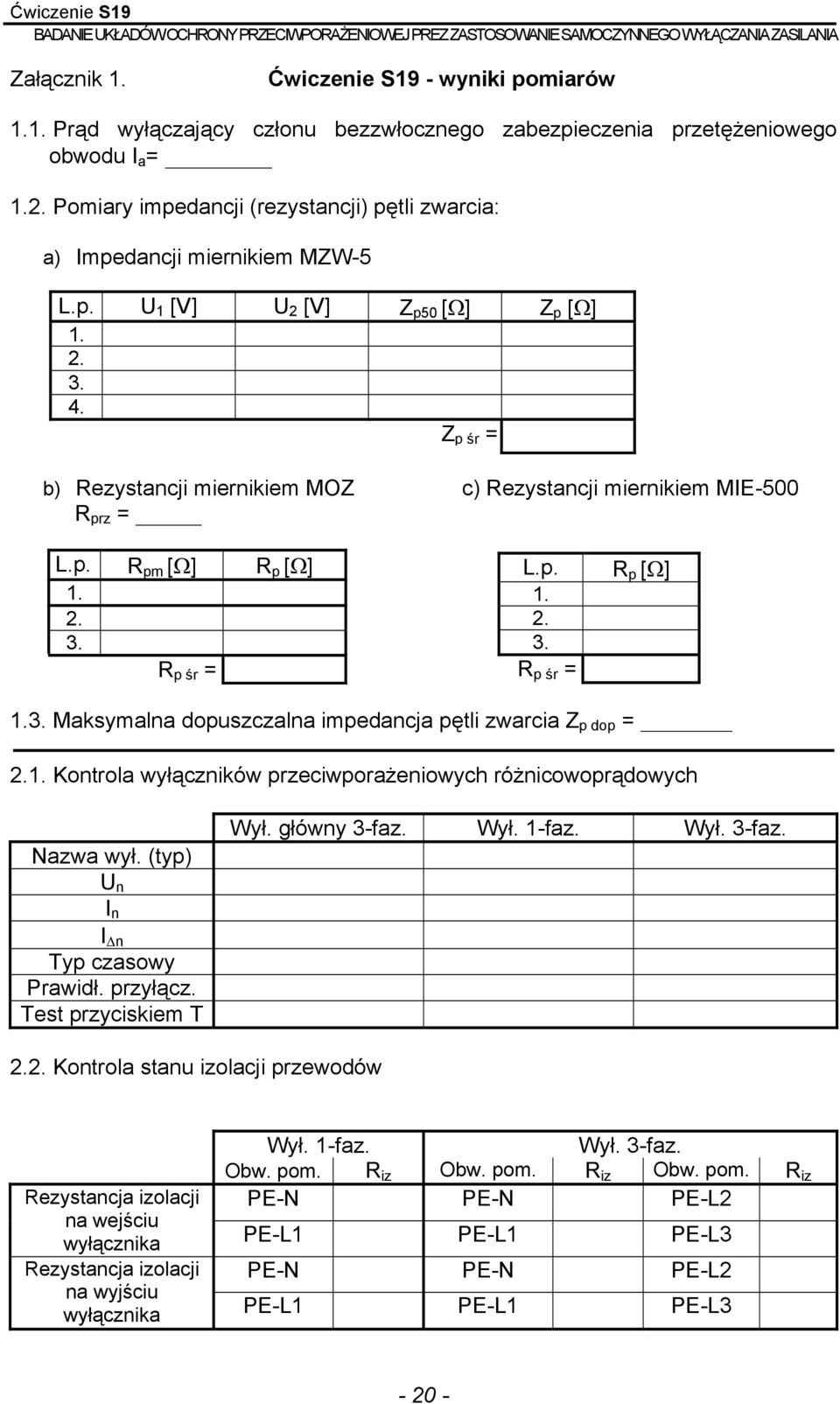 Z p śr = b) Rezystancji miernikiem MOZ c) Rezystancji miernikiem MIE-500 R prz = L.p. R pm [Ω] R p [Ω] 1. 2. 3. R p śr = L.p. 1. 2. 3. R p śr = R p [Ω] 1.3. Maksymalna dopuszczalna impedancja pętli zwarcia Z p dop = 2.