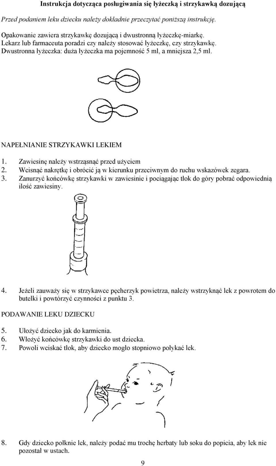 Dwustronna łyżeczka: duża łyżeczka ma pojemność 5 ml, a mniejsza 2,5 ml. NAPEŁNIANIE STRZYKAWKI LEKIEM 1. Zawiesinę należy wstrząsnąć przed użyciem 2.