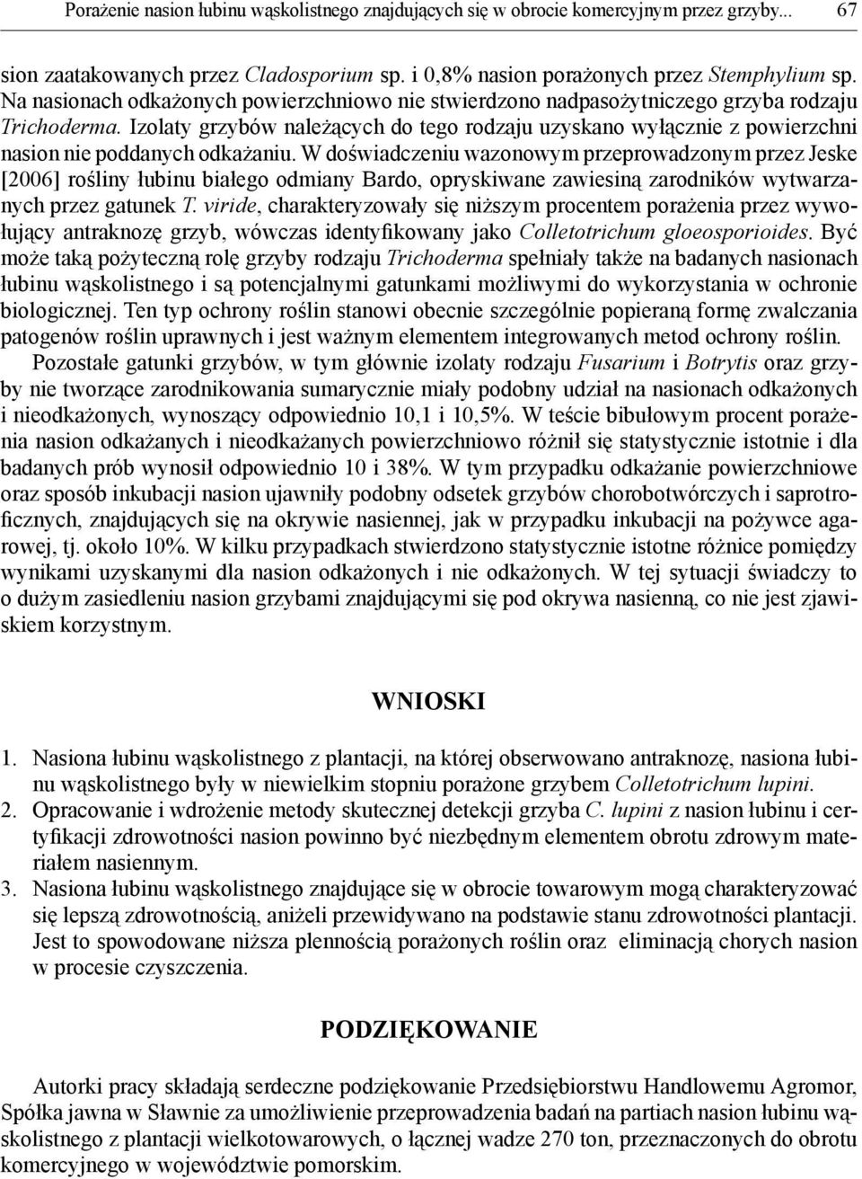 W doświdczeniu wzonowym przeprowdzonym przez Jeske [26] rośliny łuinu iłego odminy Brdo, opryskiwne zwiesiną zrodników wytwrznych przez gtunek T.