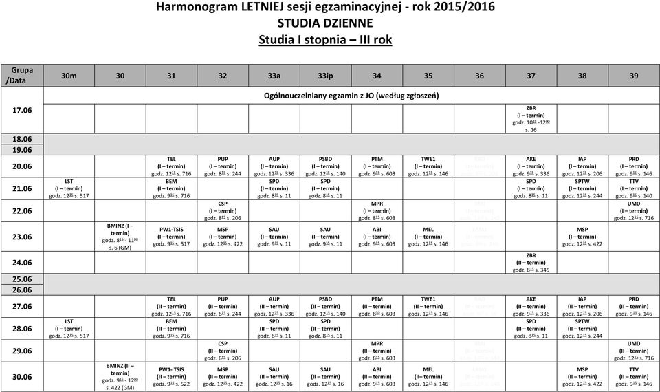 8 15 s. 244 CSP godz. 8 15 s. 206 Ogólnouczelniany egzamin z JO (według zgłoszeń) AUP godz. 12 15 s. 336 AUP godz. 12 15 s. 336 godz. 12 15 s. 16 PSBD PSBD godz. 12 15 s. 16 PTM godz. 9 15 s.