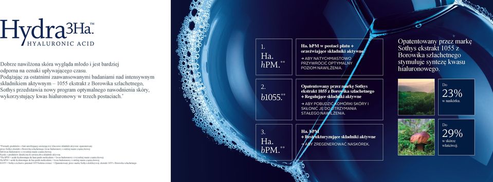 wykorzystujący kwas hialuronowy w trzech postaciach. * 1. hpm. ** 2. b1055. ** hpm w postaci płatu + orzeźwiające składniki aktywne k ABY NATYCHMIASTOWO PRZYWRÓCIĆ OPTYMALNY POZIOM NAWILŻENIA.