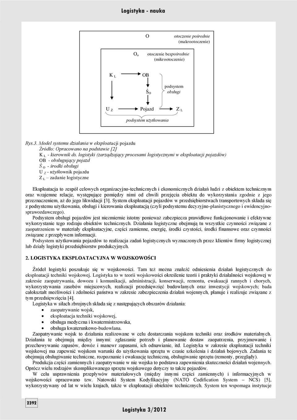 logistyki (zarządzający procesami logistycznymi w eksploatacji pojazdów) OB - obsługujący pojazd Ś O - środki obsługi U Ż - użytkownik pojazdu Z L zadanie logistyczne Eksploatacja to zespół celowych