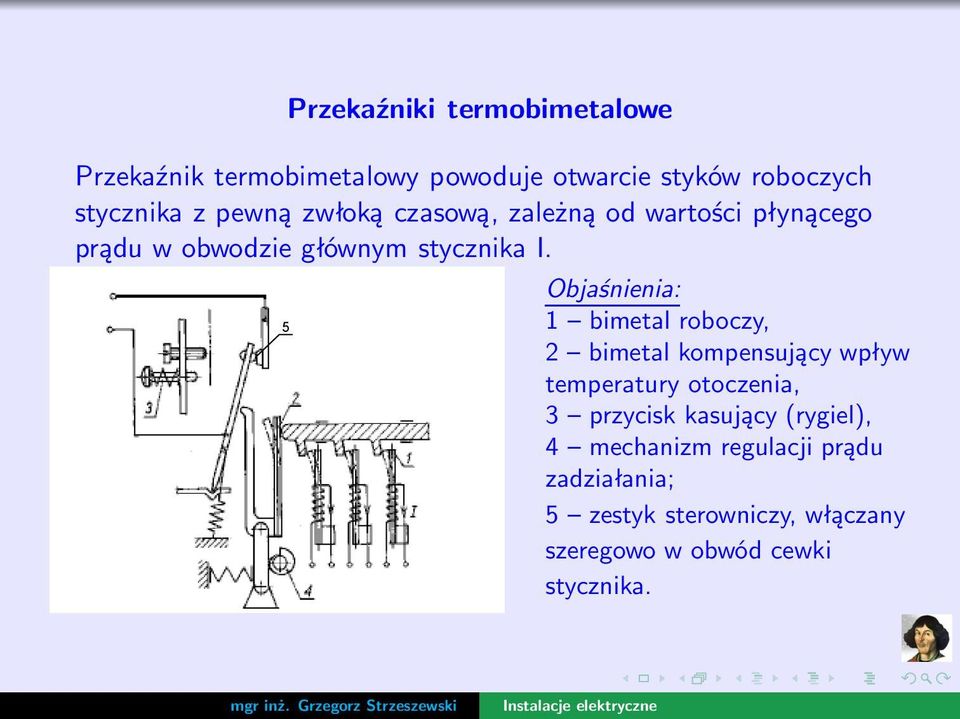 5 Objaśnienia: 1 bimetal roboczy, 2 bimetal kompensujący wpływ temperatury otoczenia, 3 przycisk