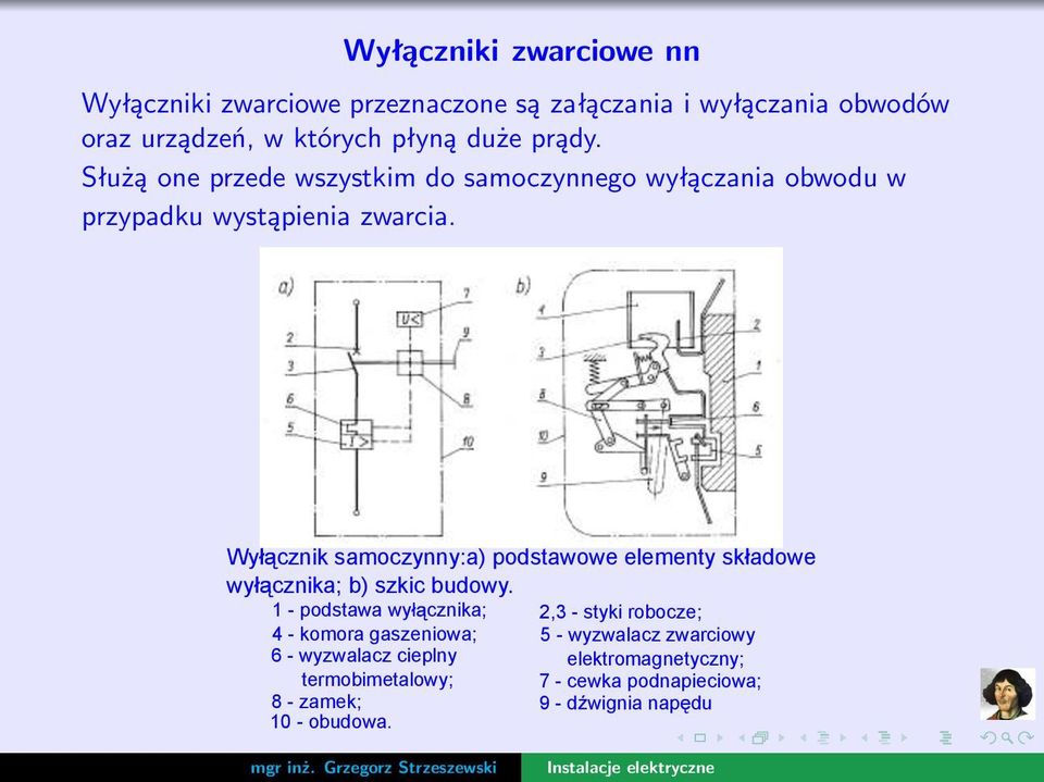 Wy cznik samoczynny:a) podstawowe elementy sk adowe wy cznika; b) szkic budowy.