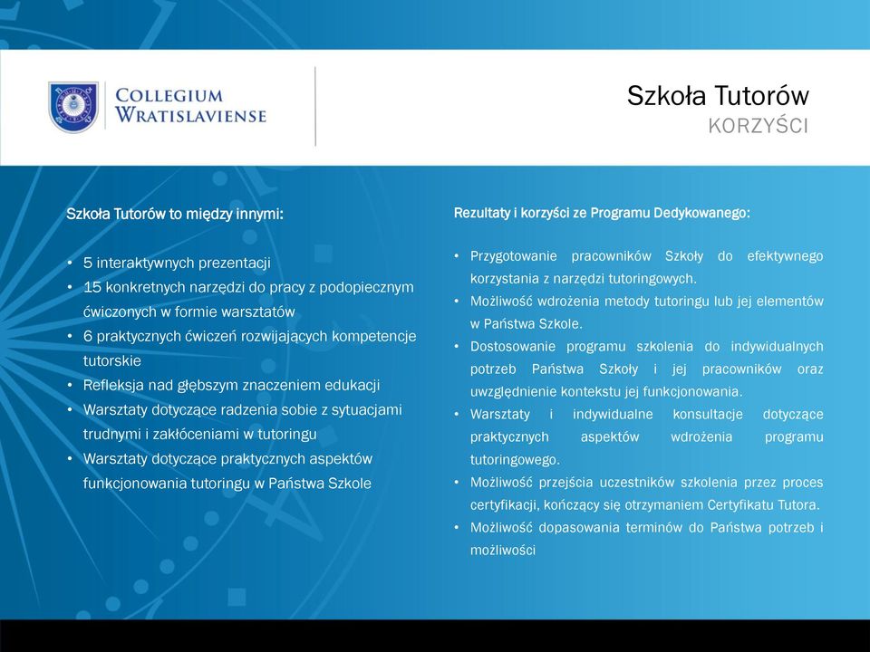 tutoringu w Państwa Szkole Rezultaty i korzyści ze Programu Dedykowanego: Przygotowanie pracowników Szkoły do efektywnego korzystania z narzędzi tutoringowych.