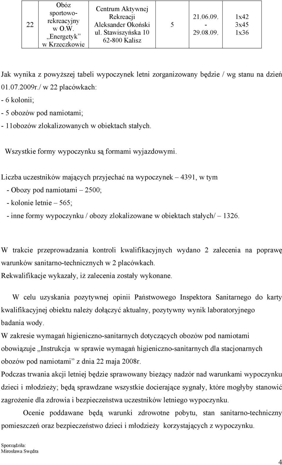 / w placówkach: 6 kolonii; 5 obozów pod namiotami; obozów zlokalizowanych w obiektach stałych. Wszystkie formy wypoczynku są formami wyjazdowymi.