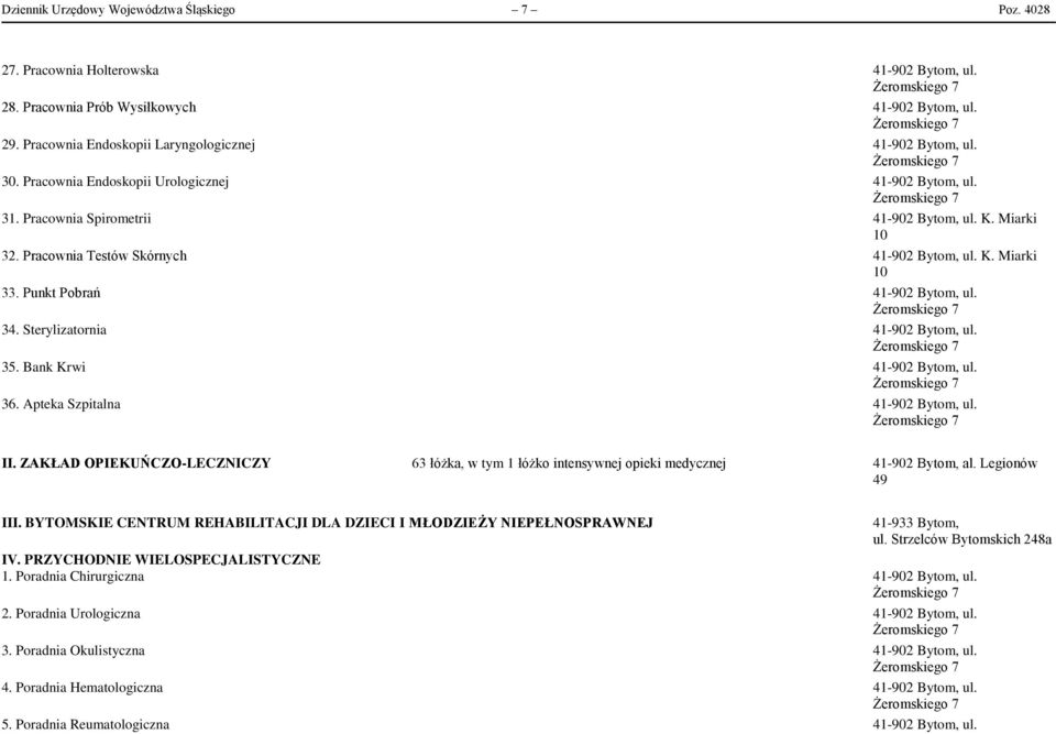 Pracownia Testów Skórnych 41-902 Bytom, ul. K. Miarki 33. Punkt Pobrań 41-902 Bytom, ul. 34. Sterylizatornia 41-902 Bytom, ul. 35. Bank Krwi 41-902 Bytom, ul. 36. Apteka Szpitalna 41-902 Bytom, ul.