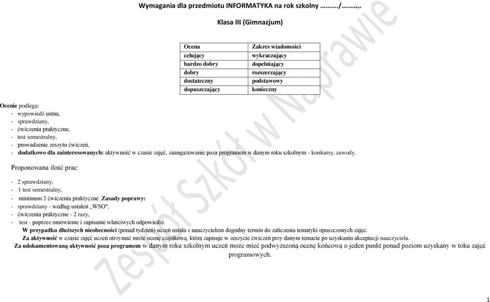 sprawdziany, - ćwiczenia praktyczne, - test semestralny, - prowadzenie zeszytu ćwiczeń, - dodatkowo dla zainteresowanych: aktywność w czasie zajęć, zaangażowanie poza programem w danym roku szkolnym