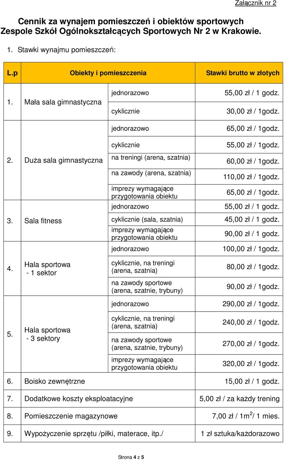 Sala fitness cyklicznie cyklicznie na treningi (arena, szatnia) na zawody (arena, szatnia) cyklicznie (sala, szatnia) 55,00 zł / 1 godz. 30,00 zł / 1godz. 65,00 zł / 1godz. 55,00 zł / 1godz.