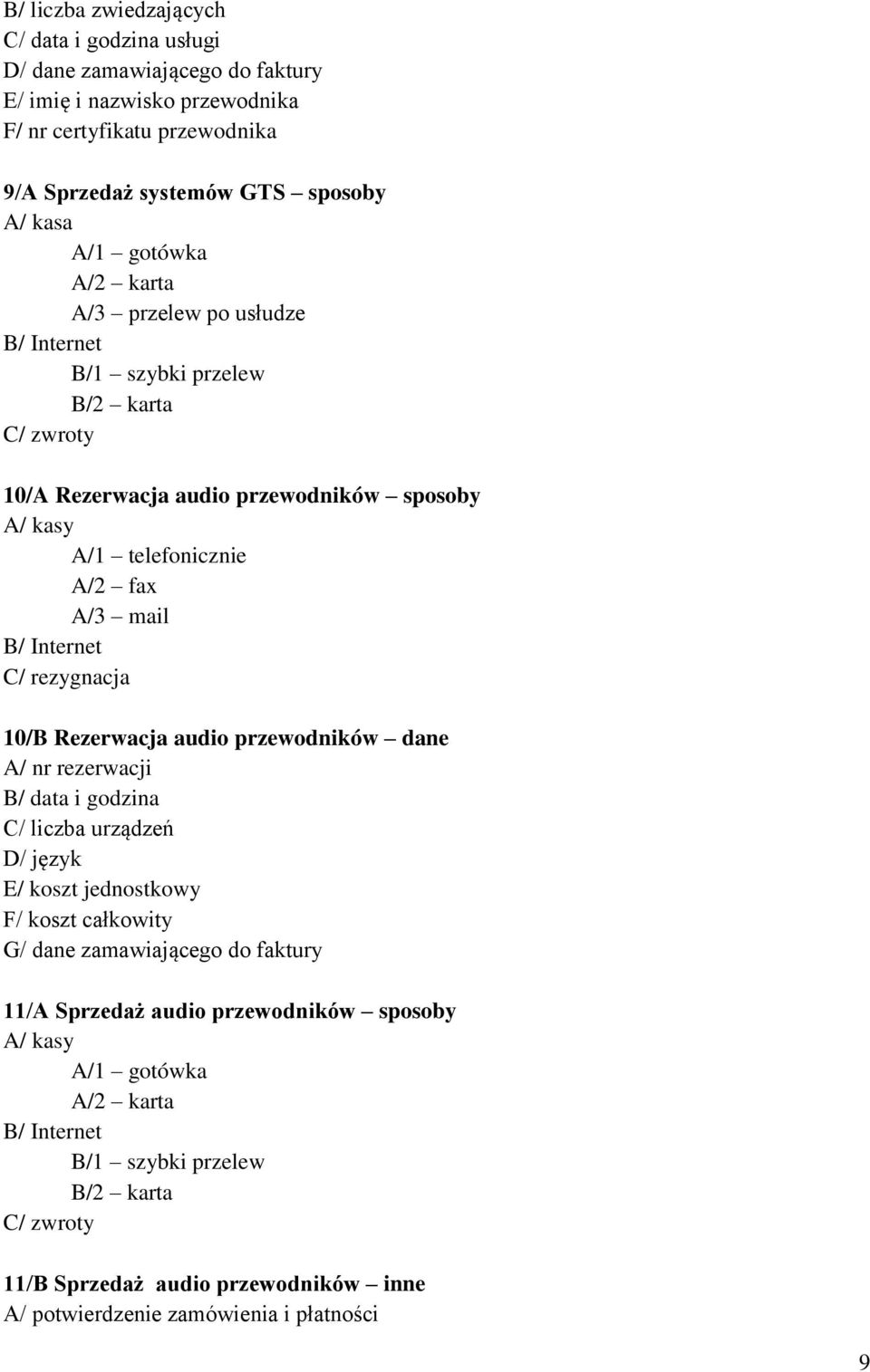 rezygnacja 10/B Rezerwacja audio przewodników dane A/ nr rezerwacji B/ data i godzina C/ liczba urządzeń D/ język E/ koszt jednostkowy F/ koszt całkowity G/ dane zamawiającego do faktury 11/A