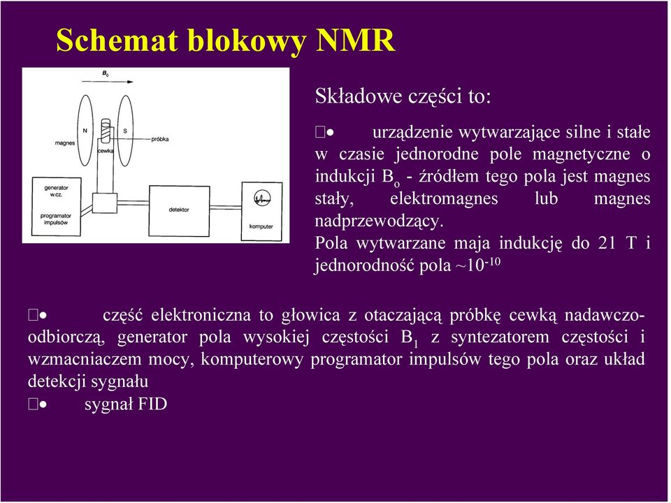 Pola wytwarzane maja indukcję do 21 T i jednorodność pola ~10-10 część elektroniczna to głowica z otaczającą próbkę cewką