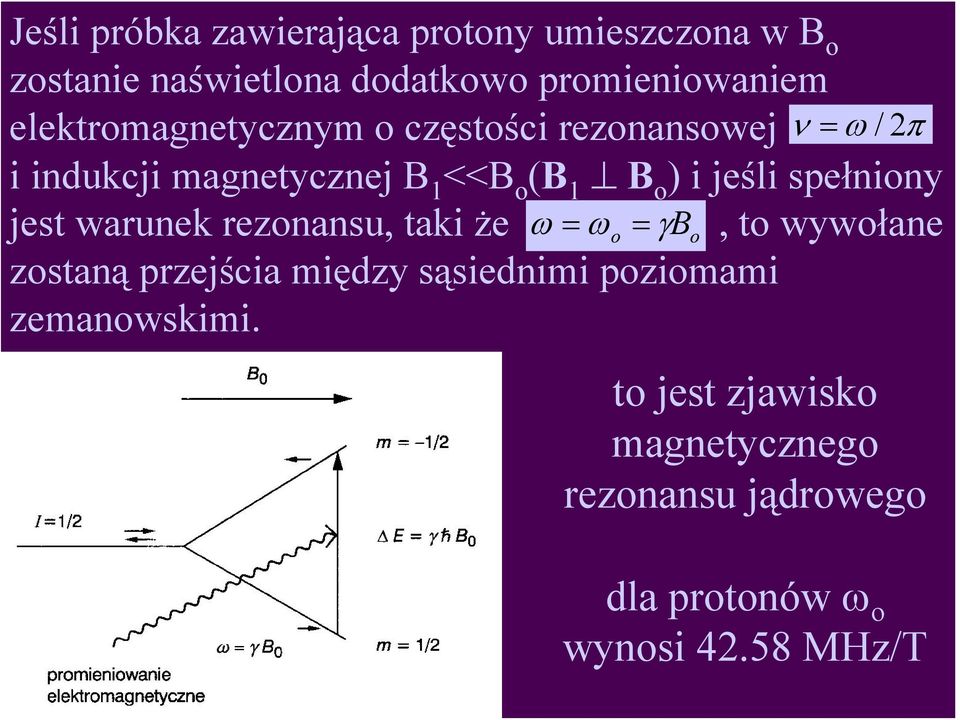 jeśli spełniony jest warunek rezonansu, taki że ω = ωo = γb o, to wywołane zostaną przejścia między