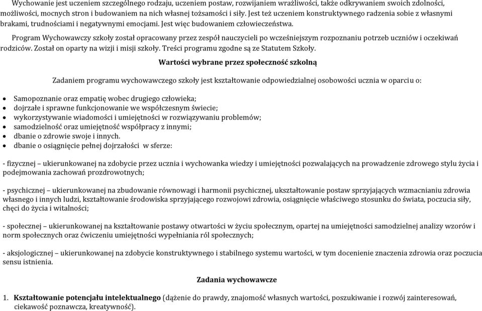 Program Wychowawczy szkoły został opracowany przez zespół nauczycieli po wcześniejszym rozpoznaniu potrzeb uczniów i oczekiwań rodziców. Został on oparty na wizji i misji szkoły.