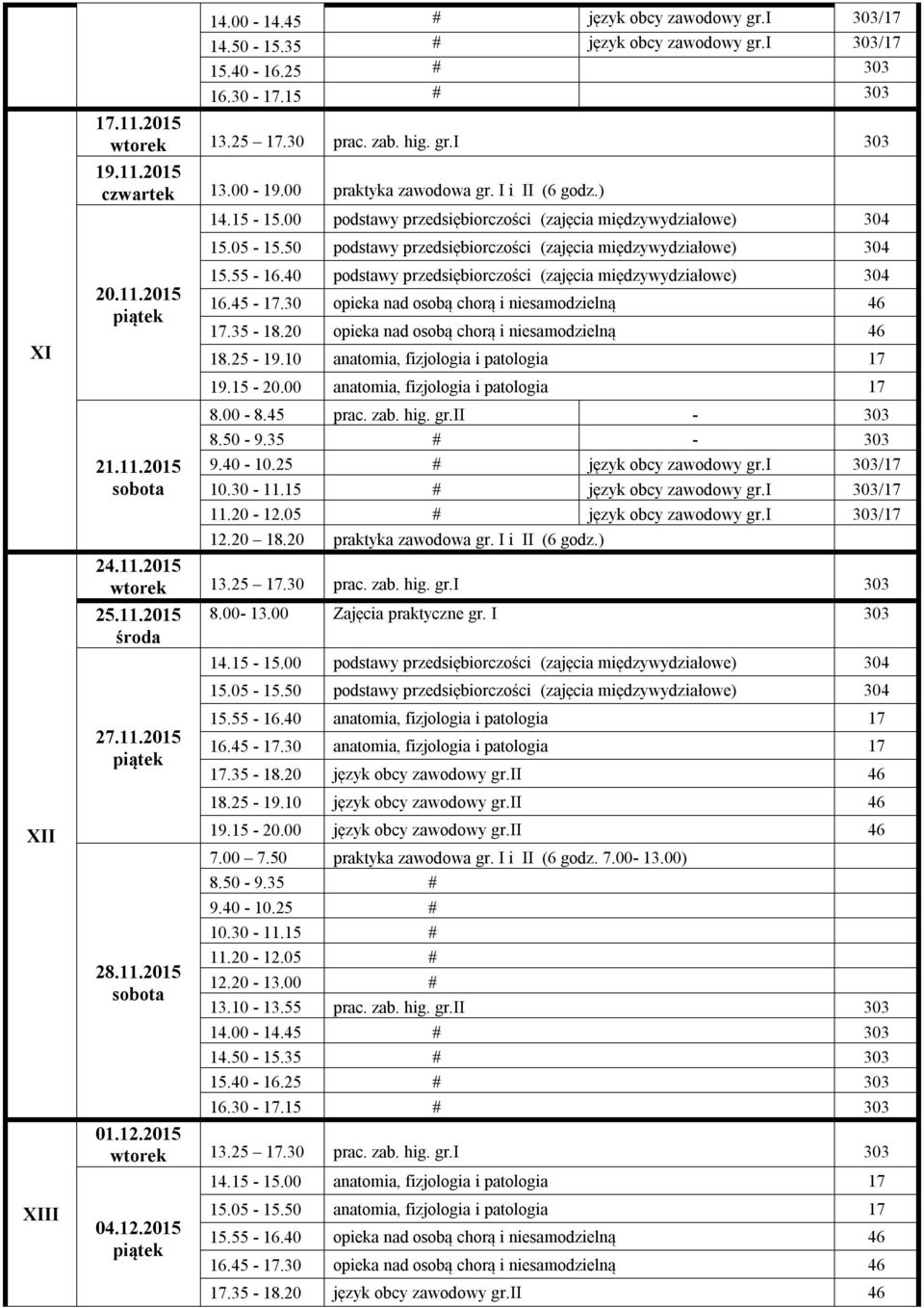 i 303/17 język obcy zawodowy gr.i 303/17 12.20 18.20 praktyka zawodowa gr. I i II (6 godz.) 24.11.2015 25.11.2015 8.00-13.00 Zajęcia praktyczne gr. I 303 środa 27.11.2015 28.11.2015 17.35-18.