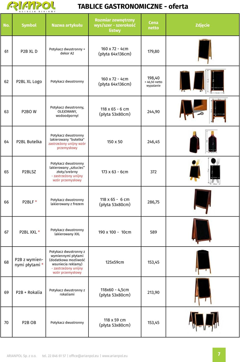 unijny wzór przemysłowy 173 x 63-6cm 372 66 P2BLF * lakierowany z frezem 118 x 65-6 cm 286,75 67 P2BL XXL * lakierowany XXL 190 x 100-10cm 589 68 P2B z wymiennymi płytami * z