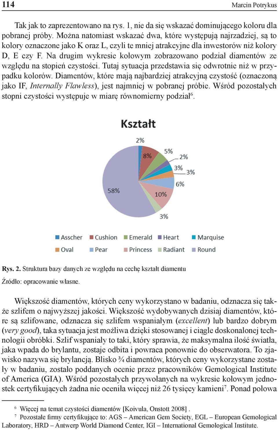 Na drugim wykresie kołowym zobrazowano podział diamentów ze względu na stopień czystości. Tutaj sytuacja przedstawia się odwrotnie niż w przypadku kolorów.