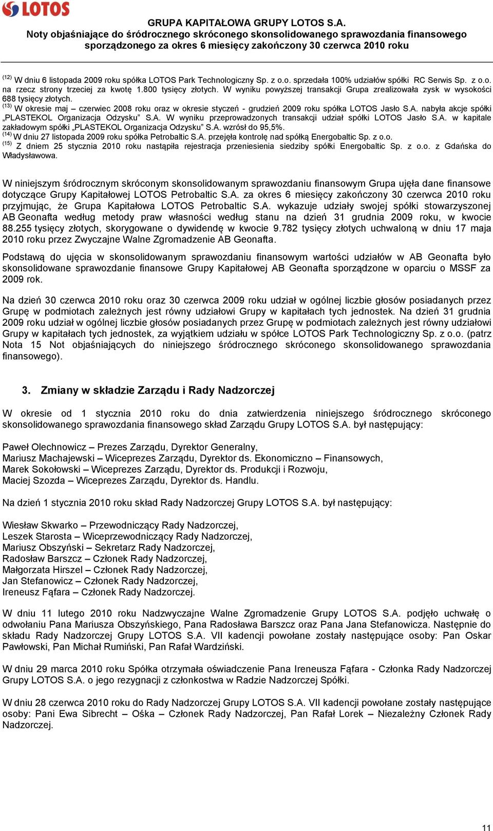 nabyła akcje spółki PLASTEKOL Organizacja Odzysku S.A. W wyniku przeprowadzonych transakcji udział spółki LOTOS Jasło S.A. w kapitale zakładowym spółki PLASTEKOL Organizacja Odzysku S.A. wzrósł do 95,5%.