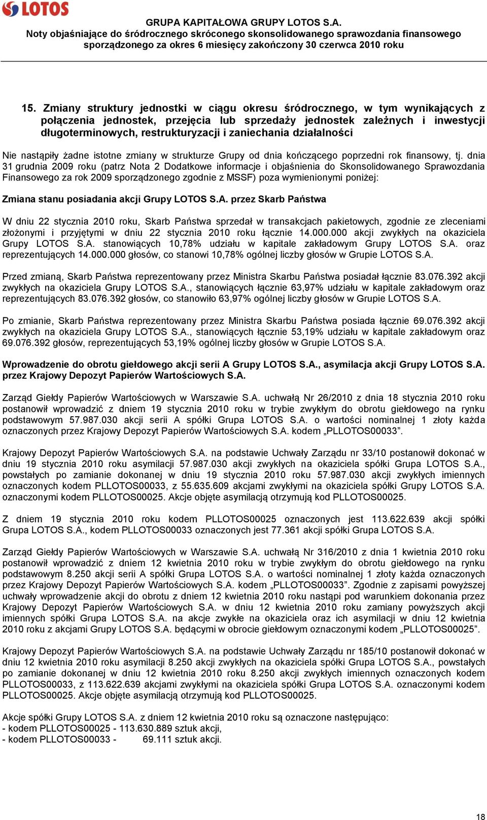 dnia 31 grudnia 2009 roku (patrz Nota 2 Dodatkowe informacje i objaśnienia do Skonsolidowanego Sprawozdania Finansowego za rok 2009 sporządzonego zgodnie z MSSF) poza wymienionymi poniżej: Zmiana