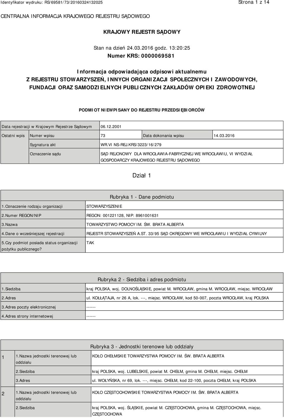 OPIEKI ZDROWOTNEJ PODMIOT NIEWPISANY DO REJESTRU PRZEDSIĘBIORCÓW Data rejestracji w Krajowym Rejestrze Sądowym 06.12.2001 Ostatni wpis Numer wpisu 73 Data dokonania wpisu 14.03.