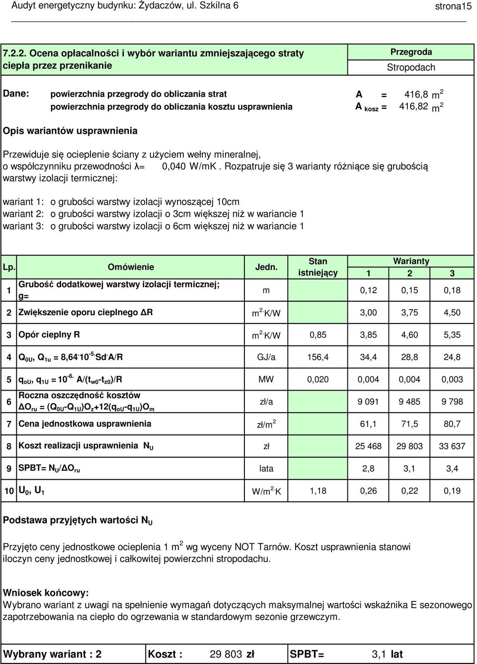 obliczania kosztu usprawnienia A kosz = 416,82 m 2 Opis wariantów usprawnienia Przewiduje się ocieplenie ściany z użyciem wełny mineralnej, o współczynniku przewodności λ= 0,040 W/mK.