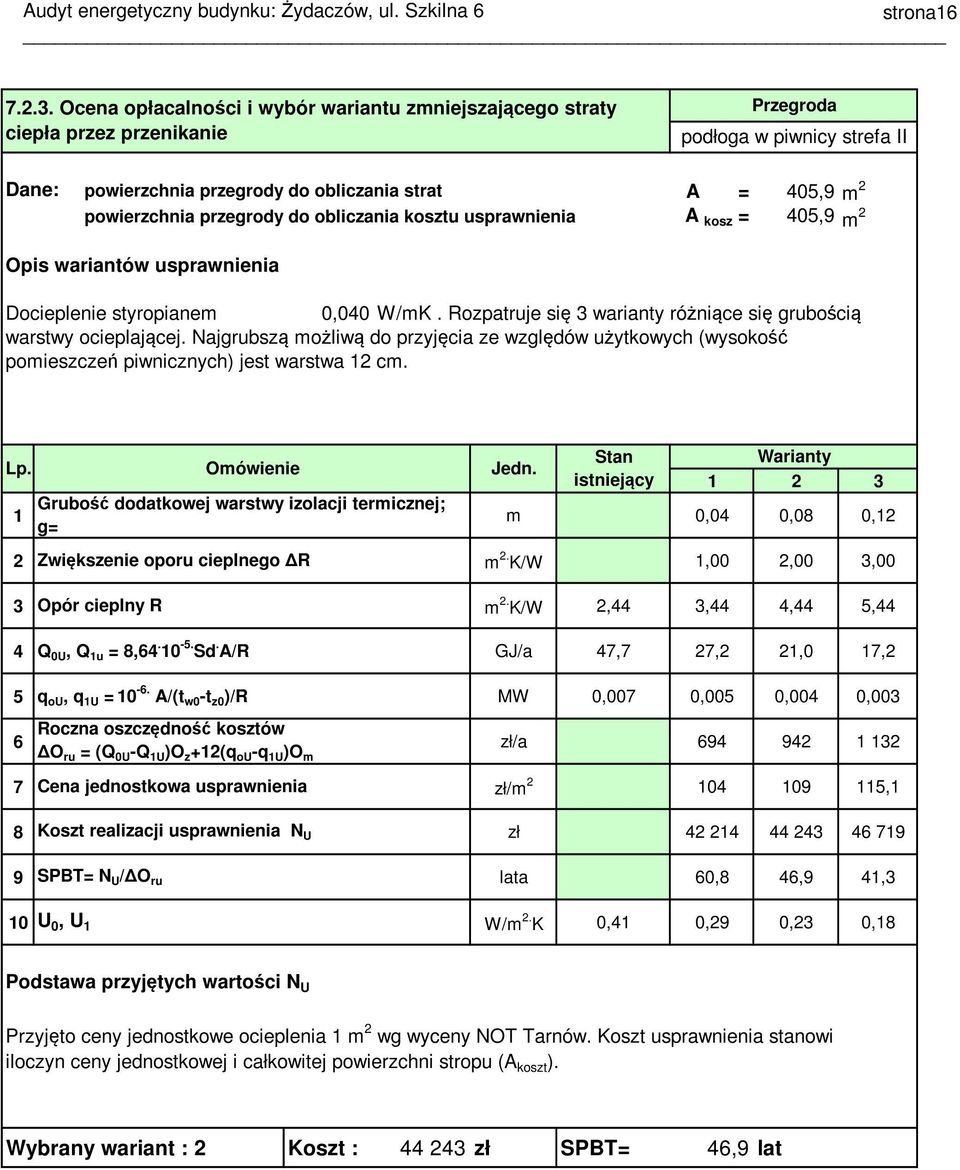 przegrody do obliczania kosztu usprawnienia A kosz = 405,9 m 2 Opis wariantów usprawnienia Docieplenie styropianem 0,040 W/mK. Rozpatruje się 3 warianty różniące się grubością warstwy ocieplającej.